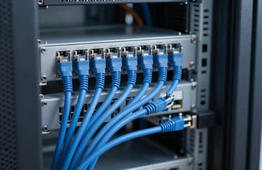 Professional server installation with neatly organized blue ethernet cables, high-tech engineering aesthetic using #4F739D and #F3F7FA.