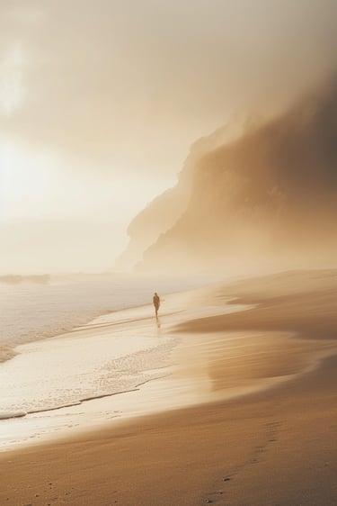 A person walking through soft mist between the sea and the shore, representing the feeling of being 