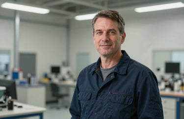 A professional portrait of a technical energy expert in a clean industrial facility, North American setting, sophisticated and trustworthy composition.