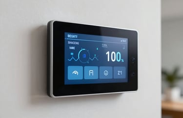 A close-up of a modern smart home energy control panel on a minimalist wall in a North American residence, displaying electric blue energy usage metrics.
