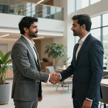 A candid shot of two professionals in South Asian business attire shaking hands in a modern, plant-filled office lobby, symbolizing trust and partnership.