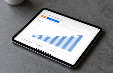 A sleek digital tablet resting on a charcoal grey desk, showing an analytics dashboard for an email marketing campaign with rising growth charts. Sharp focus, clean lighting.