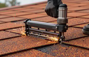 A low-angle dynamic shot of a roofing nailer being used to secure a burnt orange asphalt shingle, sparks of focus and industrial grit.
