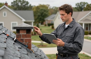 A roofing expert in a charcoal uniform holding a high-tech tablet while inspecting a residential chimney flashing, North American suburban setting.
