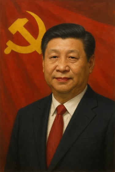 Si Dzinpingo DI portretas su Kinijos komunistų partijos vėliava fone