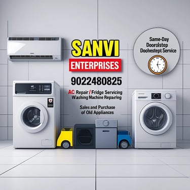 Sanvi Enterprises advertisement for AC repair, fridge servicing, and washing machine repairing services.