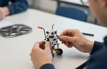 A close-up of hands assembly a small robot kit in a classroom in Spain. Bright, clear lighting emphasizing precision and engineering, using medium blue and off-white palette.