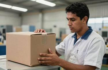 Professional quality inspector in a South American / Brazilian industrial plant examining a cardboard container, clean and bright environment.