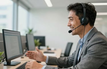 A candid shot of a professional consultant wearing a headset, smiling and providing remote assistance in a bright, modern Brazilian corporate environment.