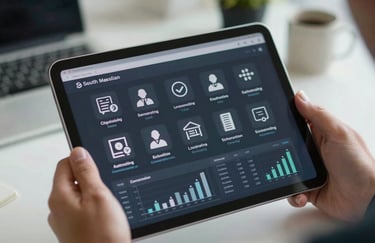 A close-up of a digital tablet displaying clear, professional service icons and data graphs, held by hands in a professional South American office setting.