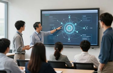 A group of professionals in a bright, modern North American classroom setting. One person is pointing at a large wall-mounted screen showing a complex network diagram. Professional, collaborative atmosphere.