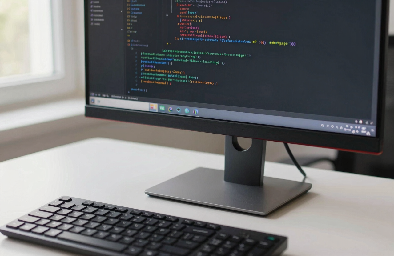 A close-up of a modern workstation in a North American corporate setting, featuring a high-end monitor showing lines of code. Soft daylight from a nearby window illuminates the desk in off-white tones.