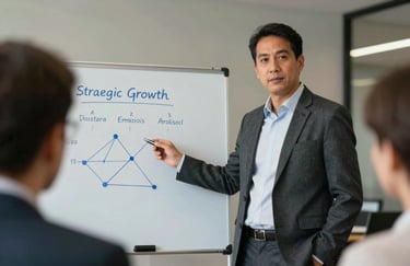 A business professional in smart attire presenting a strategic growth plan in a South American / Brazilian corporate setting. Professional mood.