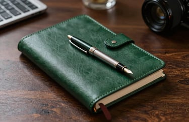 Close-up of a premium leather journal and a sleek fountain pen on a polished dark wood desk in a South American / Brazilian office. Tones of deep pine green.