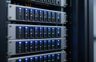 A macro photograph of high-tech server components with glowing light blue indicator lights in a climate-controlled North American / US facility, representing technical reliability.