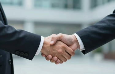 A professional handshake between two individuals in business suits, representing a successful partnership and trust. The background is a blurred corporate lobby with #9CC0D9 tones.