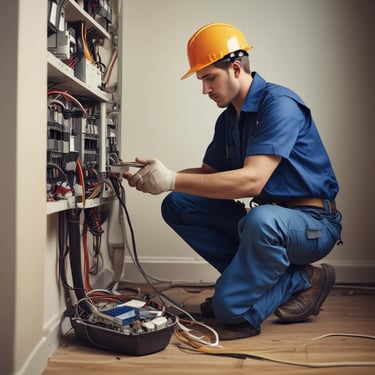 A skilled electrician fixing wiring inside a residential home.