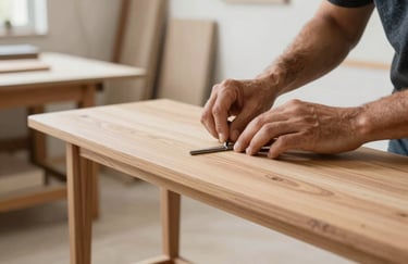 The hands of an expert craftsman working on a bespoke wooden furniture piece in a bright Southern European / Spanish (Madrid) workshop.