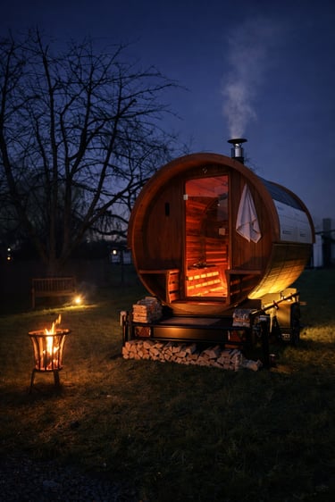 Voorbeeld van barrelsauna verhuur in tuin
