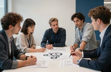 A group of professionals in a North American / International design firm reviewing a 3D prototype on a clean table, surrounded by a soft off-white and deep blue environment.