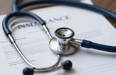A close-up photograph of a stethoscope resting on top of a formal insurance policy document, soft lighting, professional and trustworthy atmosphere, colors of navy blue and white.