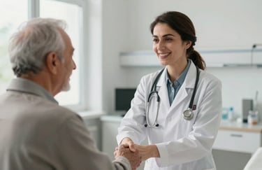 A Middle Eastern / Turkish female doctor smiling and shaking hands with an elderly patient in a bright, modern hospital room, warm and reassuring atmosphere.