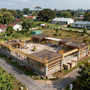 A bird's eye view of a clean, organized construction site in an urban setting with Steel Blue scaffolding and clear boundaries.