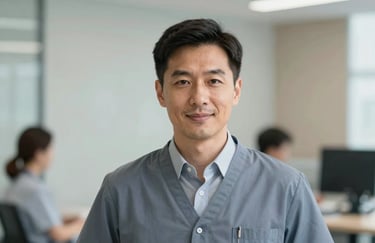 A professional portrait of a medical advisor in a modern setting. The lighting is professional and trustworthy, emphasizing a structured yet compassionate approach. Touches of #1A2B3C in the attire.