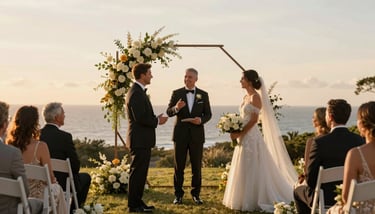 Candid shot of the celebrant high-fiving the groom after a successful North American / US ceremony, warm lighting.