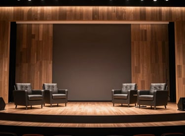 A sophisticated North American / US corporate stage featuring warm bronze lighting and professional deep charcoal decor.