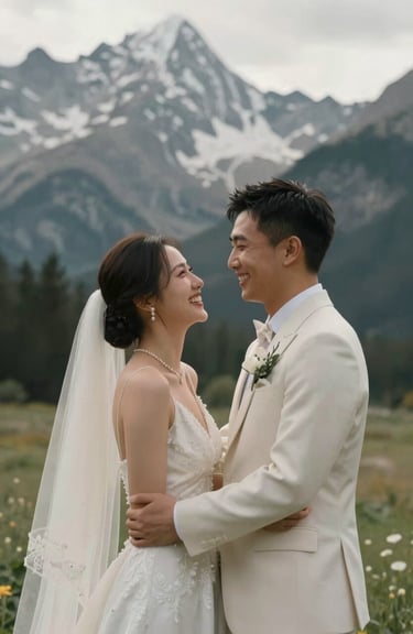 A couple laughing during an intimate elopement ceremony in a scenic North American / US mountain range, featuring soft off-white bridal details.