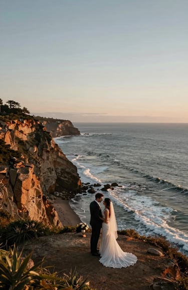 A wide shot of a luxury elopement setup on a North American / US cliffside overlooking the ocean at sunset.