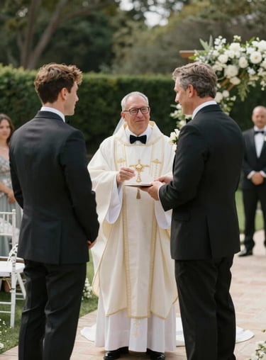 The celebrant sharing a humorous moment with a couple at a high-end North American / US garden wedding.