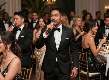 An energetic MC leading a toast at a stylish North American / US gala, guests dressed in sophisticated evening wear.