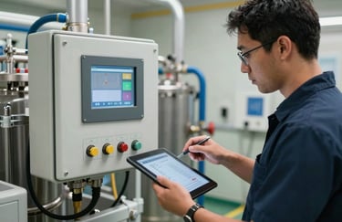 A professional technician in a clean uniform using a tablet to monitor a digital control panel on a water treatment unit, North American / International setting.