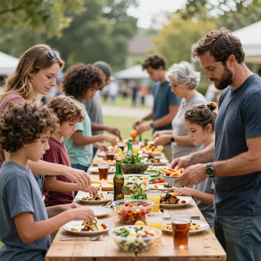 Diverse multi-generational family enjoying a healthy outdoor summer buffet lunch at a communal wooden table.