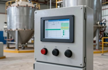 A close-up shot of a professional digital control panel inside a concrete plant in a South American / Brazilian facility. The panel shows technical data in a clean, professional environment with silver-grey finishes.