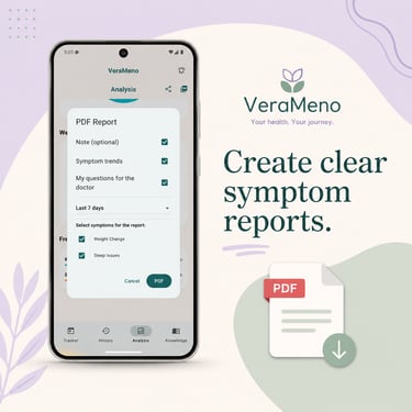 VeraMeno health app interface showing how to create clear menopause symptom reports as PDF files.