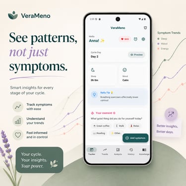 A smartphone displaying the VeraMeno menopause tracker app interface with health cycle trends and symptom logging.