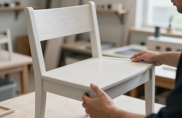 A focused shot of a person's hands inspecting the quality of a wooden chair in a bright Western European / Dutch workshop. The image is clean and professional, using light gray and off-white lighting.