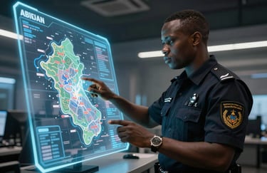 An African security operator in a professional dark uniform interacting with a glowing holographic digital map of Abidjan in a futuristic, dark command center.