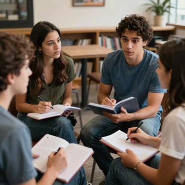 Adult language learners practicing English conversation in pairs with notebook materials in Tenerife, Canary Islands, Spain.