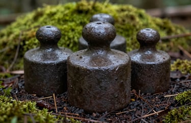 Close-up of vintage heavy iron weights resting on dark soil and wet green moss in a forest setting. Masculine and grounded aesthetic.
