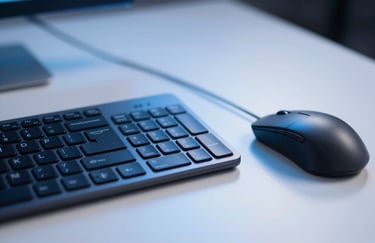 A macro photograph of a high-tech keyboard and mouse on a clean white desk, with soft light blue and dark blue ambient lighting, conveying a sense of innovation.