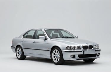 A high-end, clean studio shot of a classic silver BMW E39 sedan, presented as a desirable asset. Soft, professional lighting that emphasizes the bodywork. Colors consistent with the #F8F9FA light brand background.