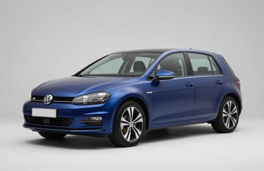 A clean shot of a blue VW Golf V hatchback in a professional automotive studio. The lighting is bright and even, reinforcing the trust and transparency of Automeile.
