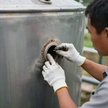 A detailed shot of a Southeast Asian worker in white gloves carefully inspecting the interior wall of a stainless steel water tank for any signs of corrosion.
