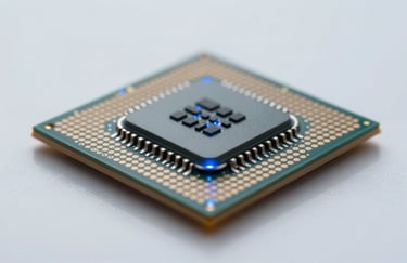 A close-up of a high-tech processor chip glowing with soft light blue light, reflecting on a polished white surface. High-quality, professional tech photography.