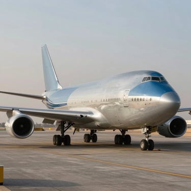 A detailed photography shot of a silver cargo plane being loaded on a tarmac during a hazy desert afternoon in the Middle Eastern / Gulf. The muted blue and slate blue tones of the fuselage highlight precision and global reach.