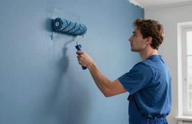 A professional painter in clean work attire applying a smooth Steel Blue finish to a living room wall with a roller, professional and tidy setting.